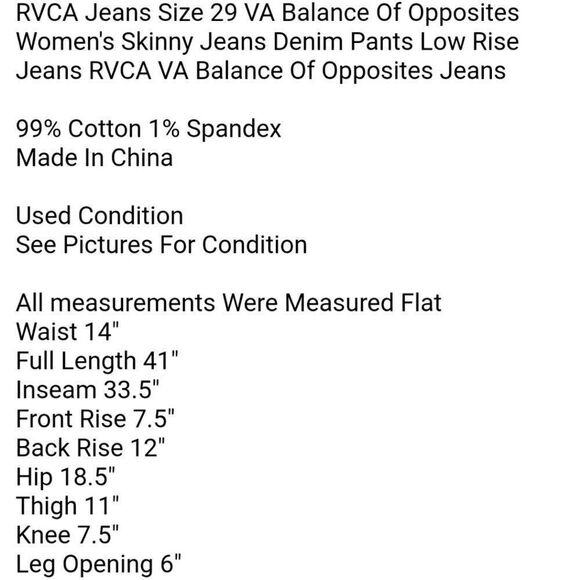 RVCA Jeans Size 29 VA Balance Of Opposites Women's Skinny Jeans Denim Pants - Picture 8 of 8